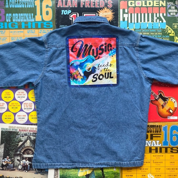 Custom Upcycled Vintage Denim Shirt W/ Music Feeds The Soul Embroidered Patch - Picture 4 of 16